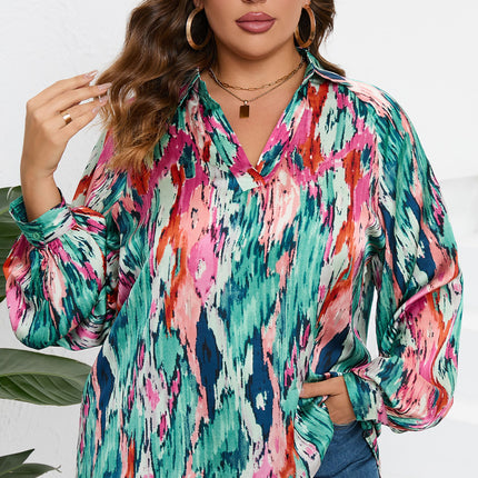 Plus Size Printed Johnny Collar Long Sleeve Blouse