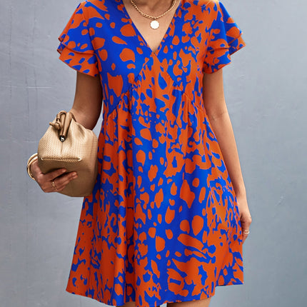 Ruffled Printed V-Neck Short Sleeve Mini Dress