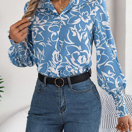 Printed Collared Neck Lantern Sleeve Shirt