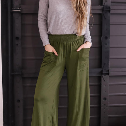 Pocketed Elastic Waist Wide Leg Pants