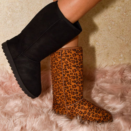 WILD DIVA Leopard Suede Round Toe Boots