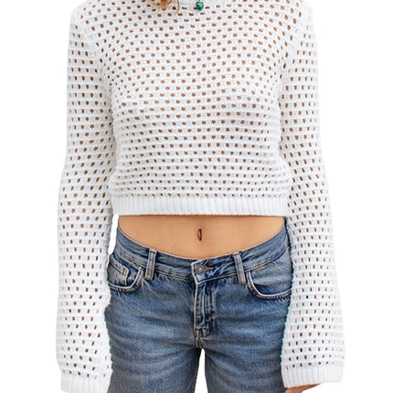 Openwork Round Neck Long Sleeve Knit Top