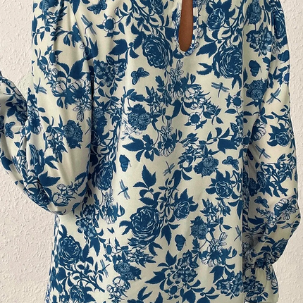 Printed Mock Neck Flounce Sleeve Blouse