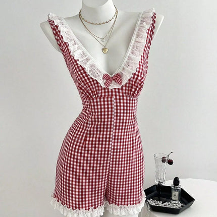 Gingham Lace-Trimmed Romper with Bow Detail