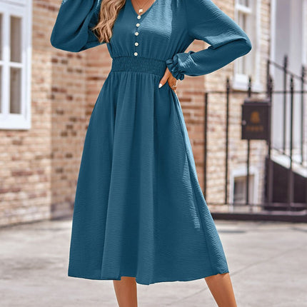 Smocked V-Neck Flounce Sleeve Midi Dress