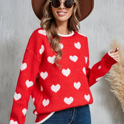 Angel Wings Contrast Trim Heart Round Neck Sweater