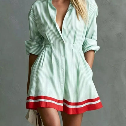 Striped Button-Down Shirt Dress with Contrast Hem