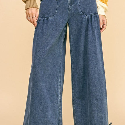 Davi & Dani Drawstring Hem Wide Leg Mid Rise Jeans