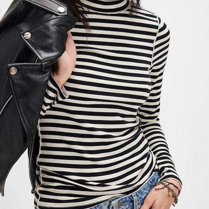 Exposed Seam Striped Turtleneck Long Sleeve T-Shirt