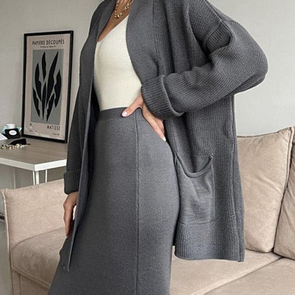 Pocketed Long Sleeve Cardigan and Skirt Sweater Set