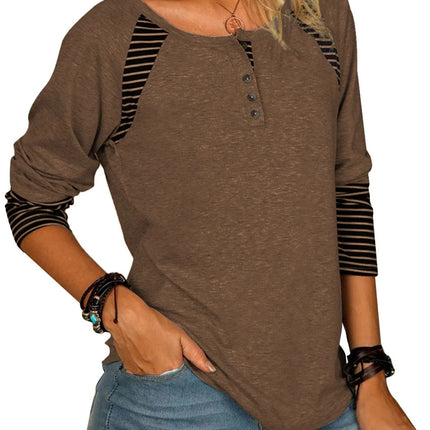 Full Size Striped Quarter Button Long Sleeve T-Shirt