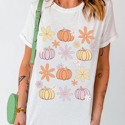 Pumpkin & Flower Round Neck Short Sleeve T-Shirt