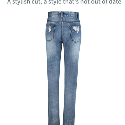 Women's Ripped Boyfriend Slim Fit Jeans Frayed Distressed Stretchy Denim Pants Casual Fashion Stretch Blue Jeans