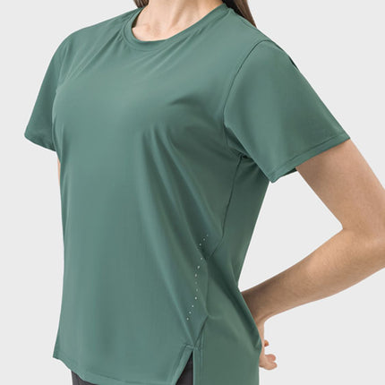 Slit Round Neck Short Sleeve Active T-Shirt