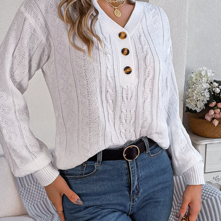 Cable-Knit V-Neck Long Sleeve Sweater