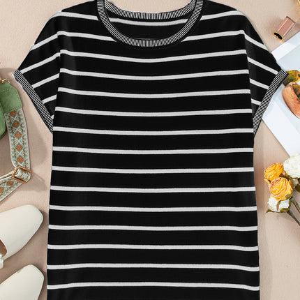 Striped Round Neck Cap Sleeve Knit Top