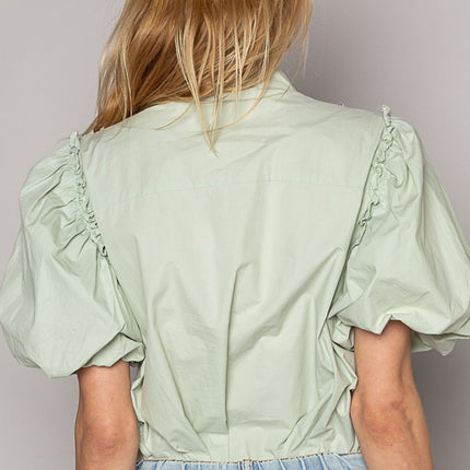 POL Pearl Detail Button Up Puff Sleeve Shirt