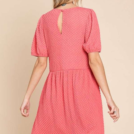 Culture Code Full Size Textured Round Neck Puff Sleeve Dress