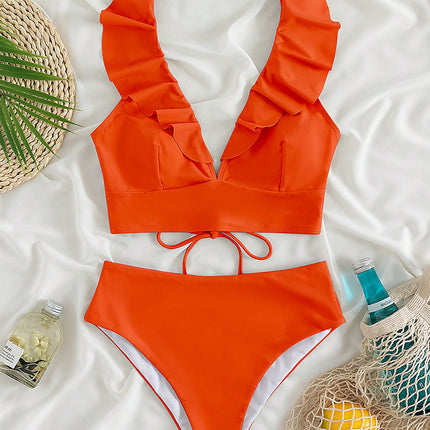 Ruffled V-Neck Sleeveless Two-Piece Swim Set