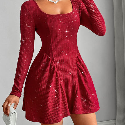 Backless Glitter Square Neck Long Sleeve Mini Dress