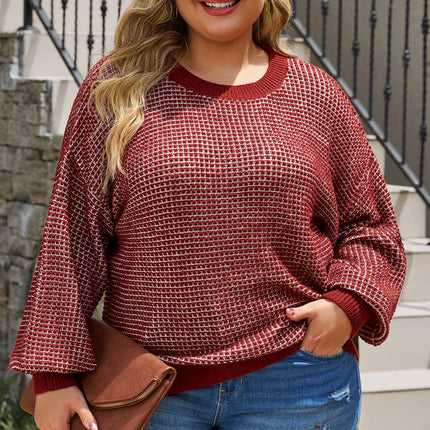 Plus Size Waffle-Knit Round Neck Dropped Shoulder Sweater