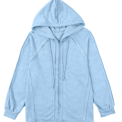 Exposed Seam Zip Up Long Sleeve Drawstring Hoodie