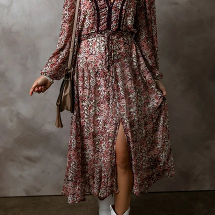 Frill Printed V-Neck Long Sleeve Midi Dress