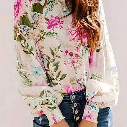 Printed Round Neck Lantern Sleeve Blouse