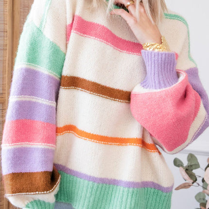 Contrast Striped Round Neck Drop Shoulder Sweater