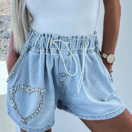 Rhinestone Drawstring Denim Shorts