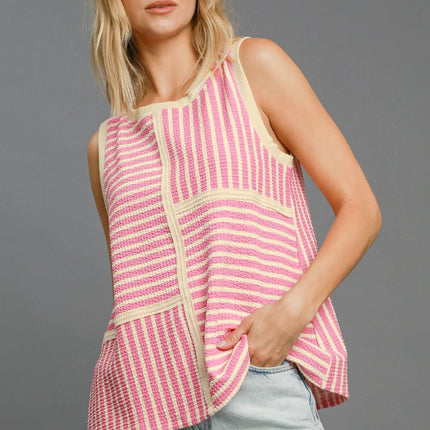 Umgee Round Neck Texture Striped Tank