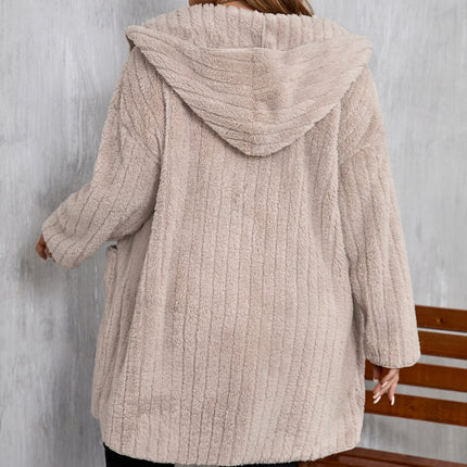 Plus Size Open Front Long Sleeve Hooded Fuzzy Jacket