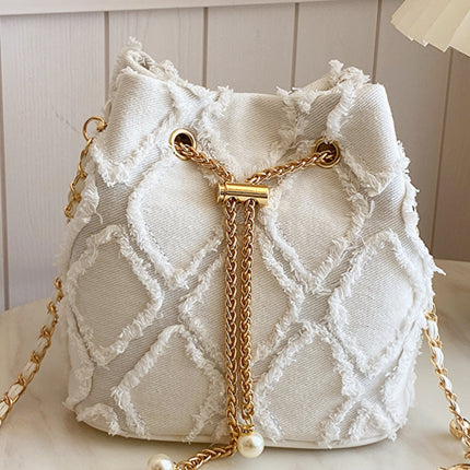 Chain Drawstring Raw Edge Denim Bucket Bag