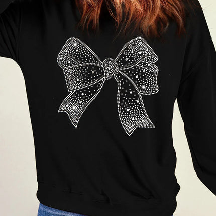 Rhinestone Bow Round Neck Long Sleeve Sweatshirt