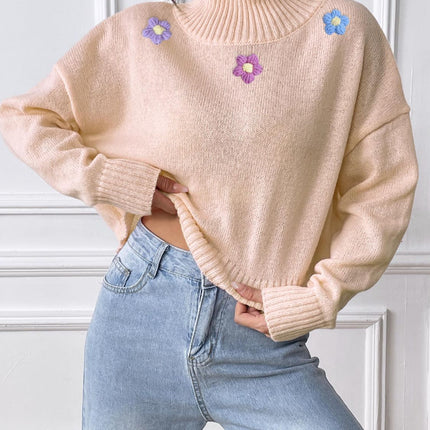 Flower Turtleneck Long Sleeve Sweater