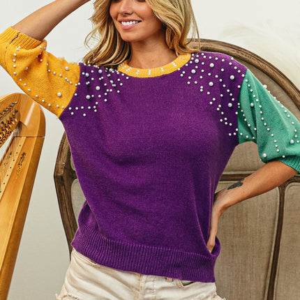 BiBi Color Block Pearl Detail Round Neck Sweater