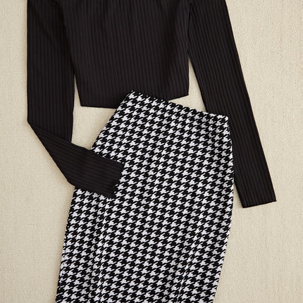 Off-Shoulder Long Sleeve Top and Houndstooth Skirt Set