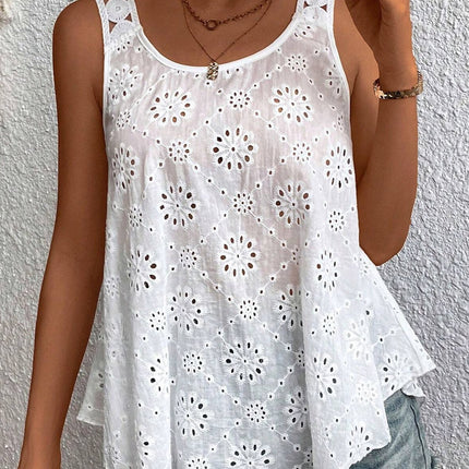 Eyelet Round Neck Wide Strap Tank