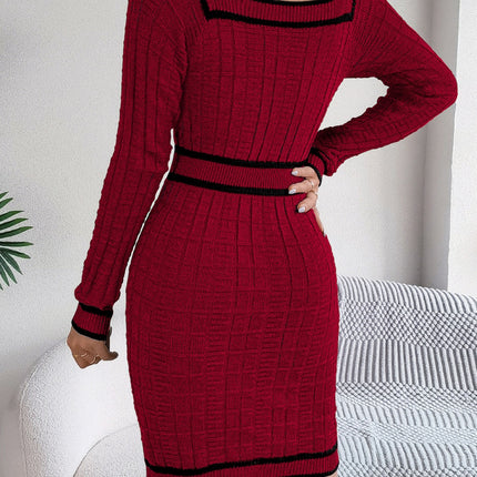 Contrast Trim Long Sleeve Sweater Dress