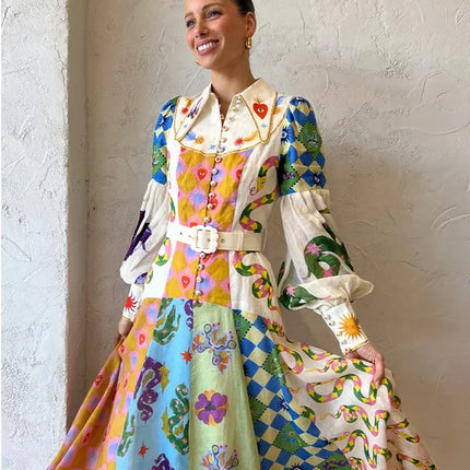 2023 Autumn Print Holiday Women Beach Dress With Belts A-line Long Lantern Sleeve Single Breasted Lapel Seaside Dresses Robe