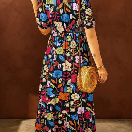 Printed V-Neck Half Sleeve Midi Dress