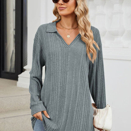 Slit Johnny Collar Long Sleeve T-Shirt