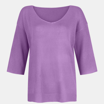 V-Neck Three-Quarter Sleeve Knit Top