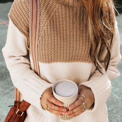 Slit Color Block Turtleneck Long Sleeve Sweater