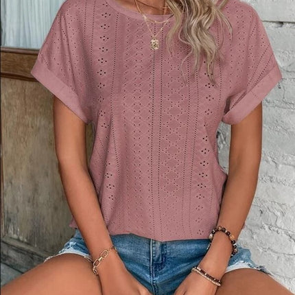 Eyelet Round Neck Short Sleeve T-Shirt