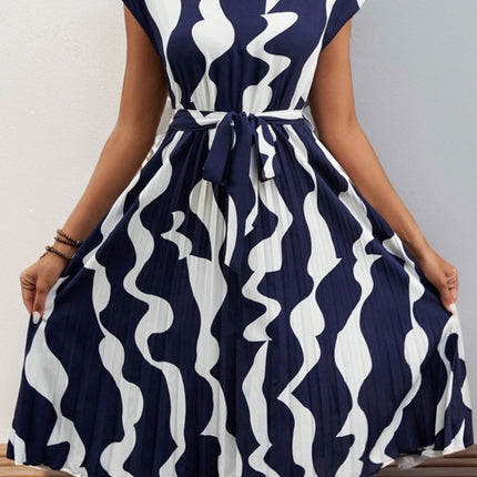 Tied Pleated Printed Cap Sleeve Dress