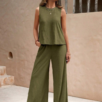 Round Neck Sleeveless Top and Wide Leg Pants Set