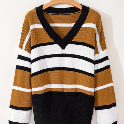 Contrast Stripes V Neck Long Sleeve Sweater