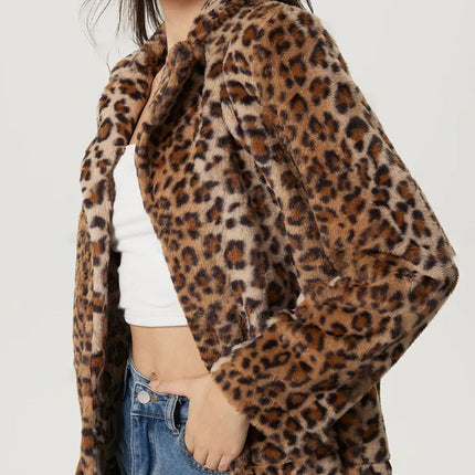 Fuzzy Leopard Collared Neck Jacket