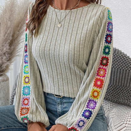 Embroidered Round Neck Long Sleeve Blouse